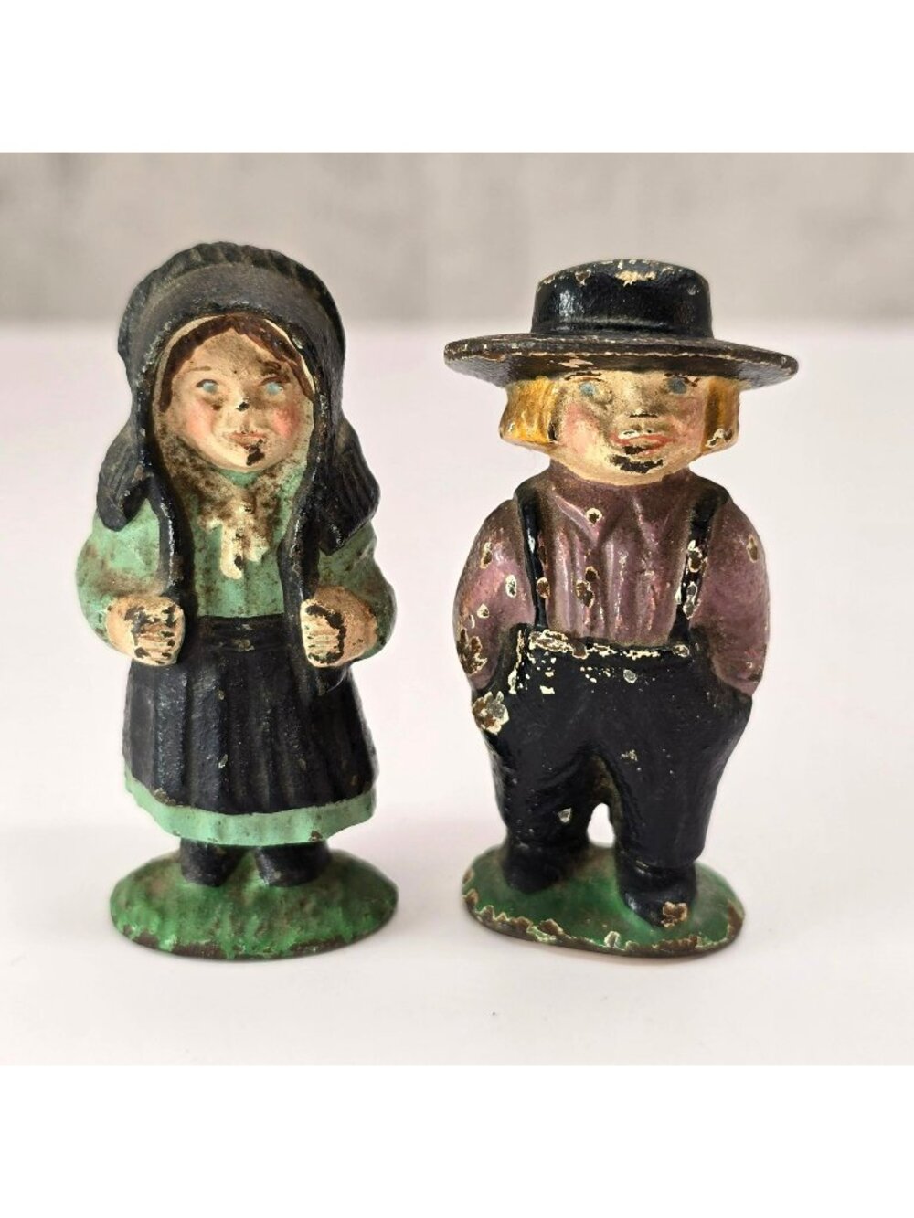 Vintage Cast Iron Amish Man & Woman Kid Figurines Painted Folk Art CM2360